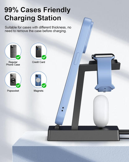30W Charging Station for Multiple Devices - ADADPU 3 in 1 Charger Stand for iPhone 14/13/12/11/XR/XS/X/8/7(Not for iPhone 15/16/17 USB C), Charging Dock for AirPods Apple Watch Series 8/7/6/5/4/3/2/SE