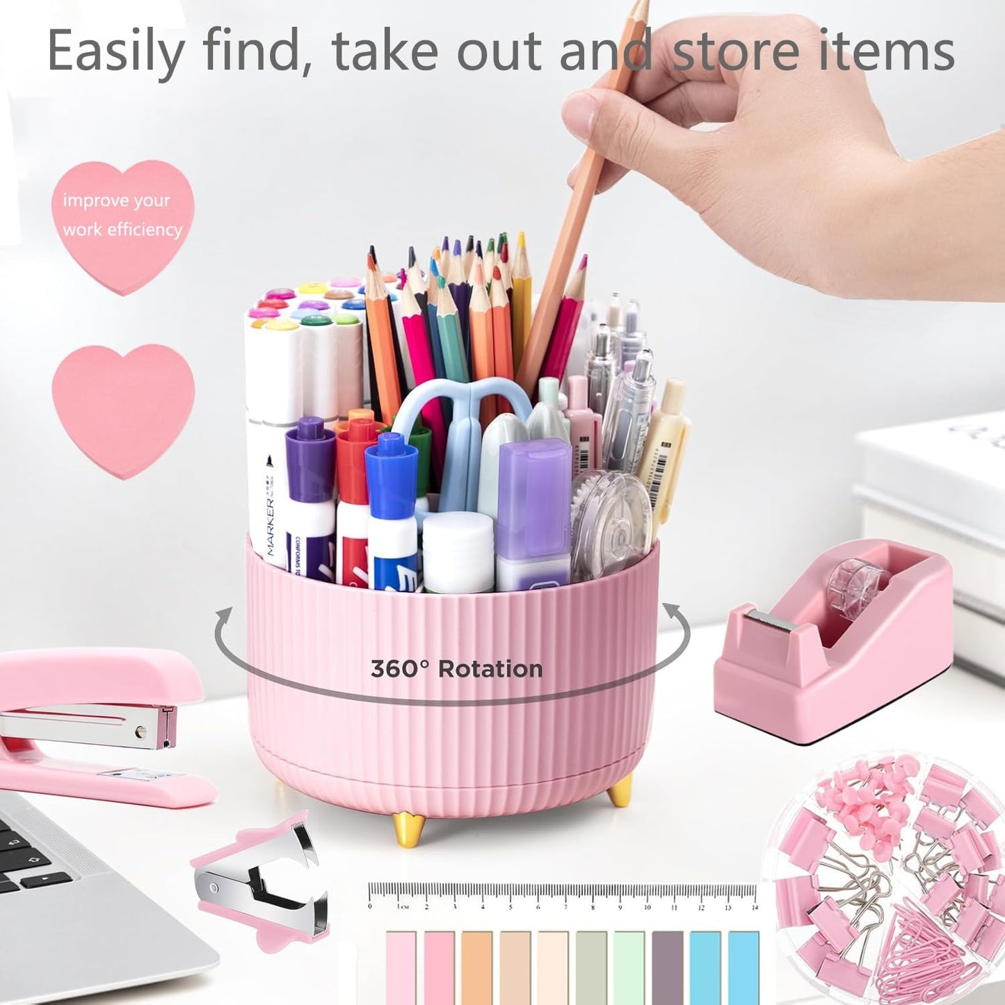 suniya Office Supplies,Gold Desk Accessories,with Stapler,Tape Dispenser,Pen Holder,Scissors,Phone Stand,Staple Remover,Ballpoint Pen,Clear Tape, Staples,Ruler,Clips,Best Gift for Business or Boss