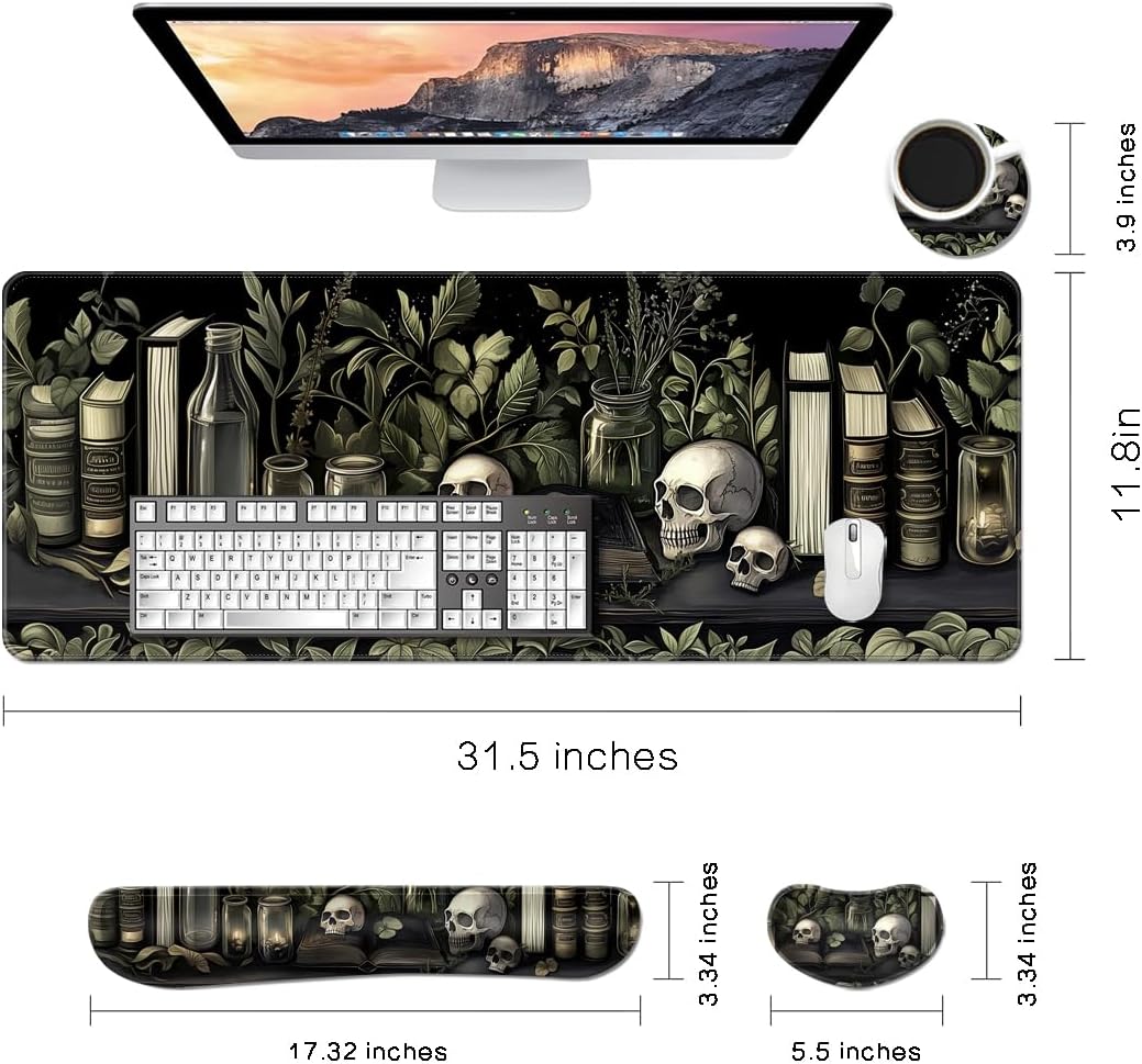 MIBITRI Keyboard Mouse Pad Set, Extended Gaming Mouse Pad+Ergonomics Keyboard Wrist Rest Support, Memory Foam, Easy Typing Pain Relief, 4Pcs XXL Ultra Thick Desk Mat, Enchanted Bookshelf