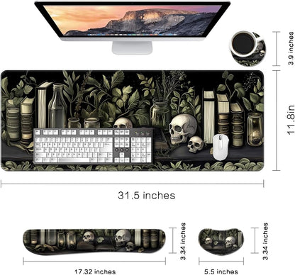 MIBITRI Keyboard Mouse Pad Set, Extended Gaming Mouse Pad+Ergonomics Keyboard Wrist Rest Support, Memory Foam, Easy Typing Pain Relief, 4Pcs XXL Ultra Thick Desk Mat, Enchanted Bookshelf