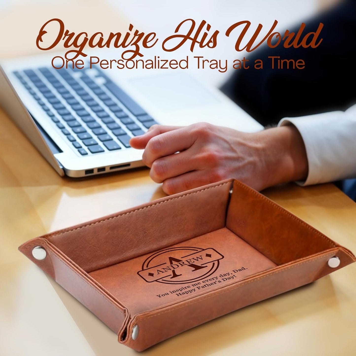 Personalized Engraved Leather Tray for Men with Engraved Name, PU Leather Valet Organizer for Dad, Custom Gift for Him, Custom Catchall Tray for Desk, Office, Accessories Travel Organizer for Men