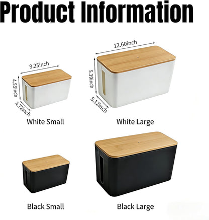 1Large+1Small Cable Organizer Set with 4 Silicone Cable Ties, 2-Piece Cable Management Box, Bamboo Lid Cord Organizer for Home Office,Set of Two Cable Box,Cable Organizer Box(Bamboo lid/White)