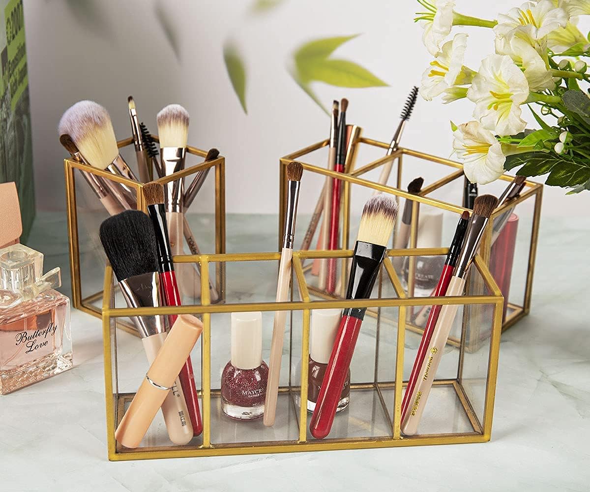 NIUBEE Acrylic Pen Holder 4 Compartments, Clear Pencil Organizer Cup for Countertop Desk Accessory Storage