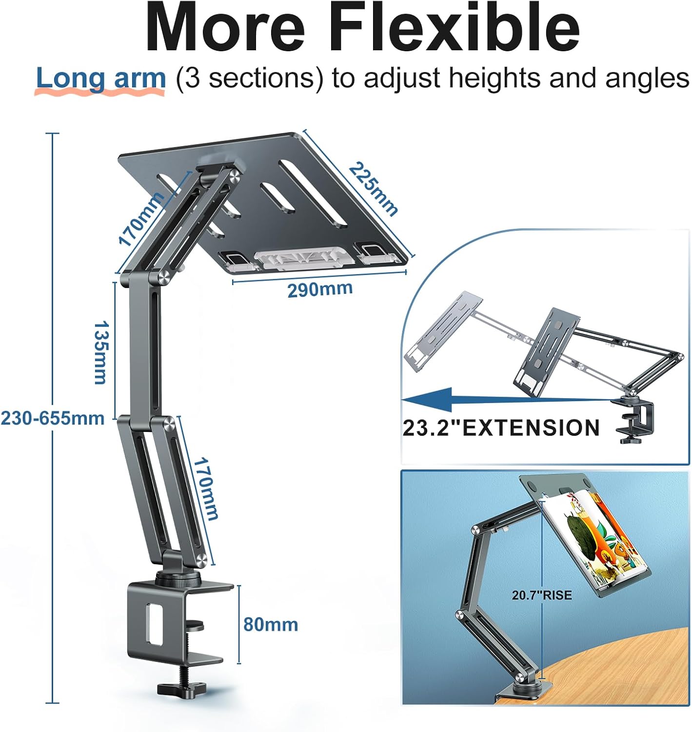 Laptop Mount for Desk, Tablet Arm Mount with 360° Rotating, Aluminum Laptop Tray Adjustable, Foldable Computer Stand/Holder, Fit for 11-15 Inch Laptops (Silver)
