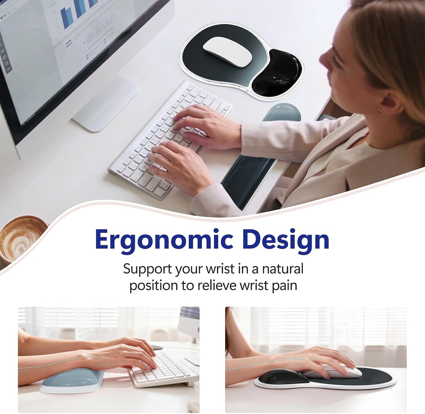 AKIT Ergonomic Mouse Pad and Keyboard Wrist Rest Set, Gel Memory Foam Wrist Rest with Non-Slip Base, 3-in-1 Mousepad Set for Pain Relief, Desk Accessories for Gaming, Home, Office(Black)