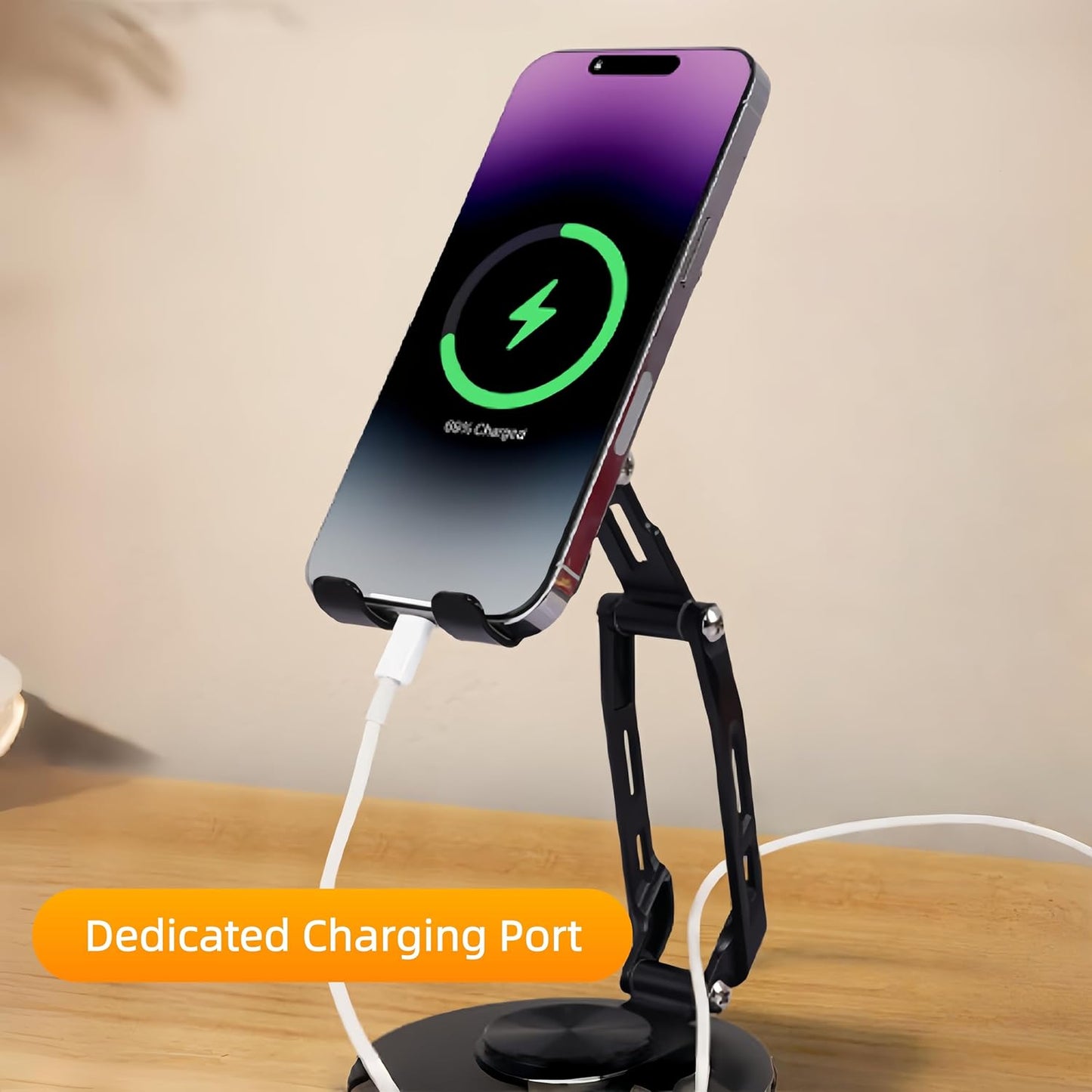 All-Metal Cell Phone Stand 360° Rotatable & Height Adjustable - 25KG Super Load-Bearing, Foldable Desk Stand for Phone, Compatible with iPhone 17/16/15/14, Nintendo Switch, Silver