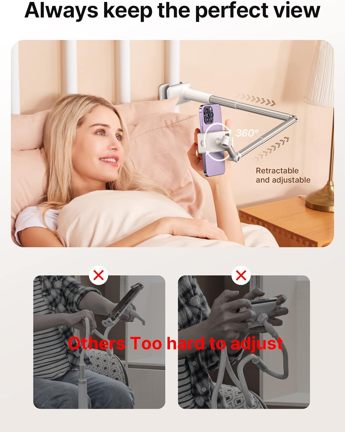 JSAUX Phone Holder for Desk and Bed Compatible with iPhone 17 16 15 14 13 12 Overhead Phone Mount Gooseneck Phone Stand Flexible 360 Lazy Long Arm Clamp Clip for Table Bedside [1-Pack, Black]