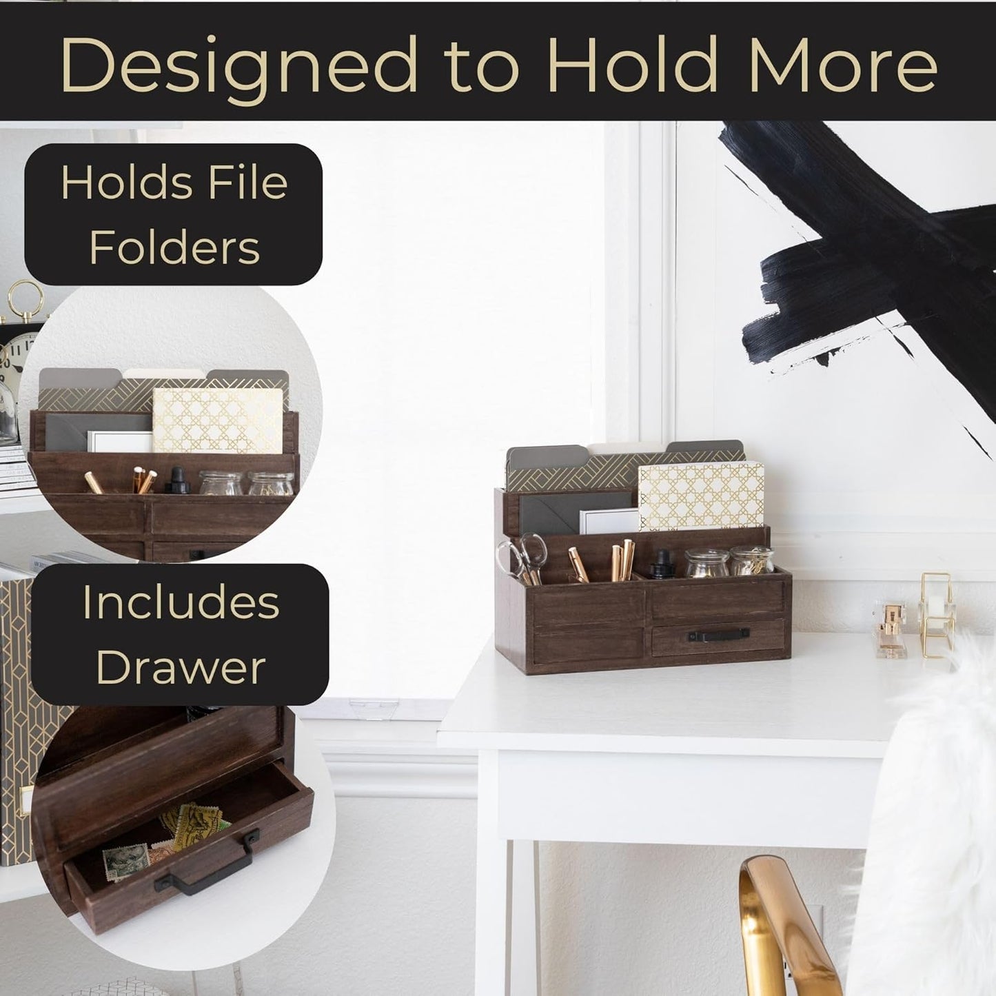 BLU MONACO | White Desktop Organizer with Drawer Storage | Tabletop Organizer with Drawers for Paper Bills Mail | Wooden Mail Organizer for Countertop Workspace | with Drawer, Bill