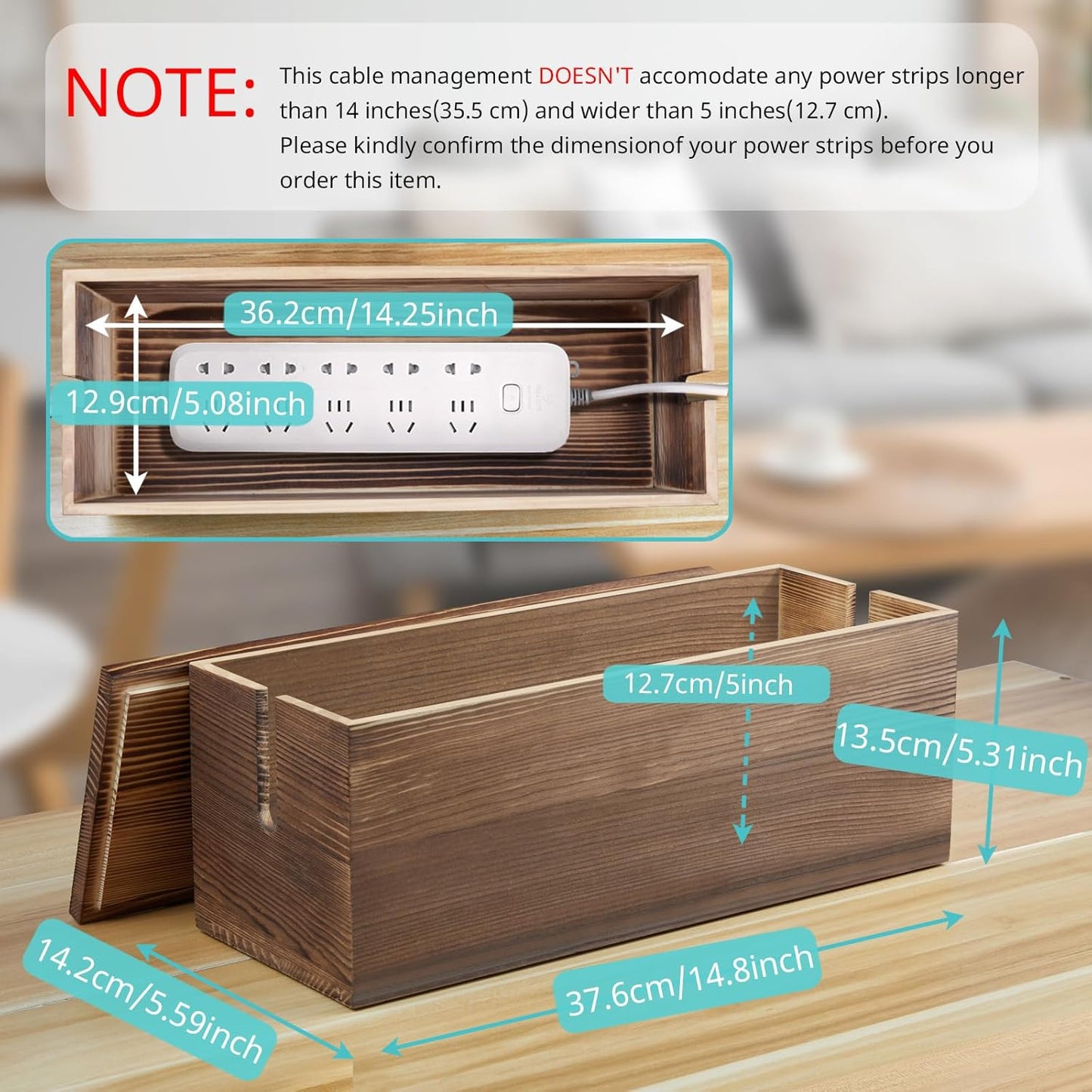 Bivvclaz Large Cable Management Box, Wooden Cord Organizer Box for Desk, Floor, Office to Hide Extension Cords Power Stripes Surge Protectors Chargers Wires, Black