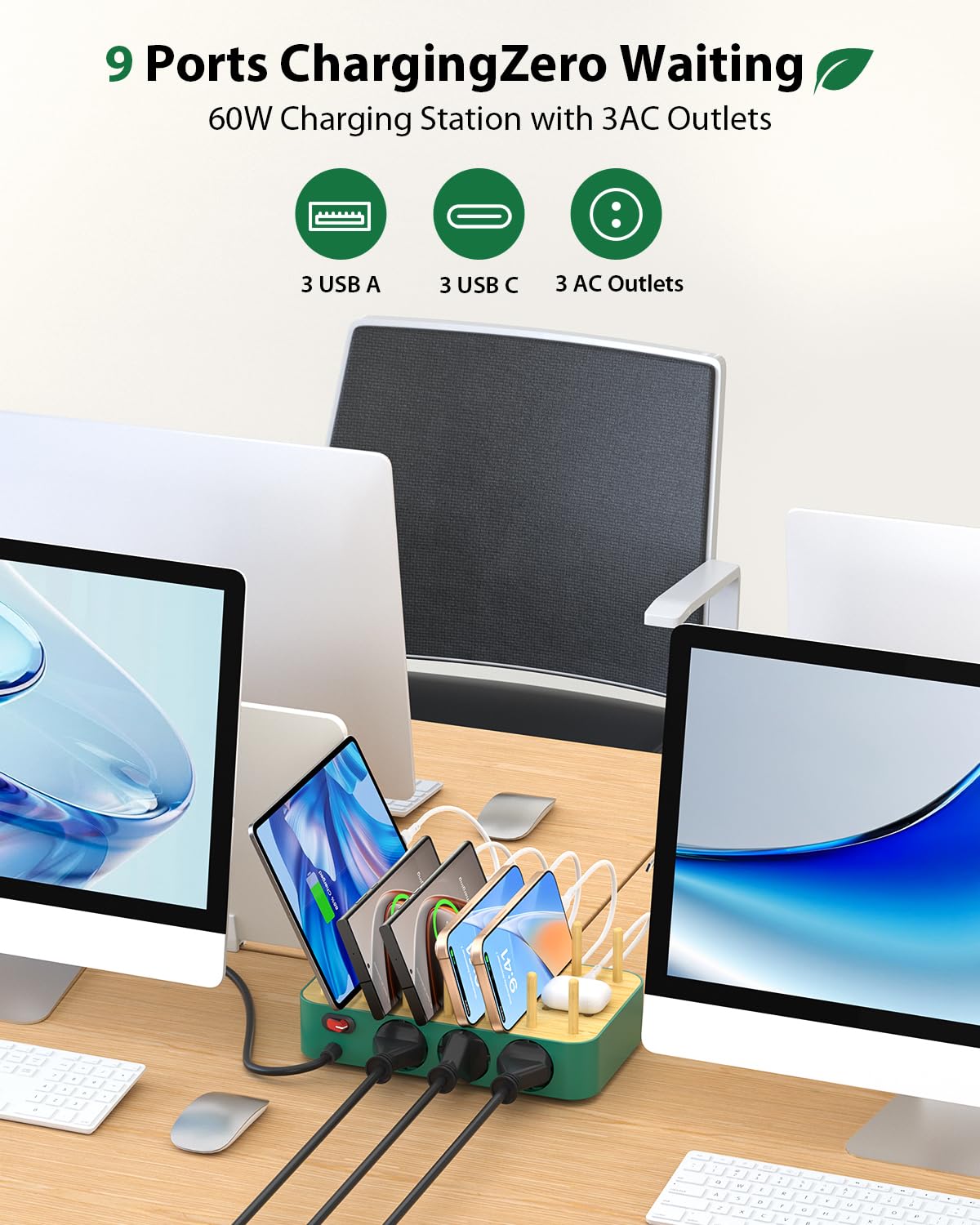 Bamboo USB-C Charging Station for Multiple Devices,60W 6 Port Charing Dock with 3 AC Outlets, 3 USB C, 3 USB A,6.6ft Power Cord for lPhone,lPad,Tablets (6 Mixed Cables Included),White