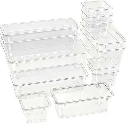 Clear Acrylic Drawer Organizer Trays, 5 Size Junk Box Organization Small Storage Container Bin for Desk Makeup Bathroom Vanity Kitchen Tool Make Up Workspace Home Dorm Apartment Office Room Nightstand