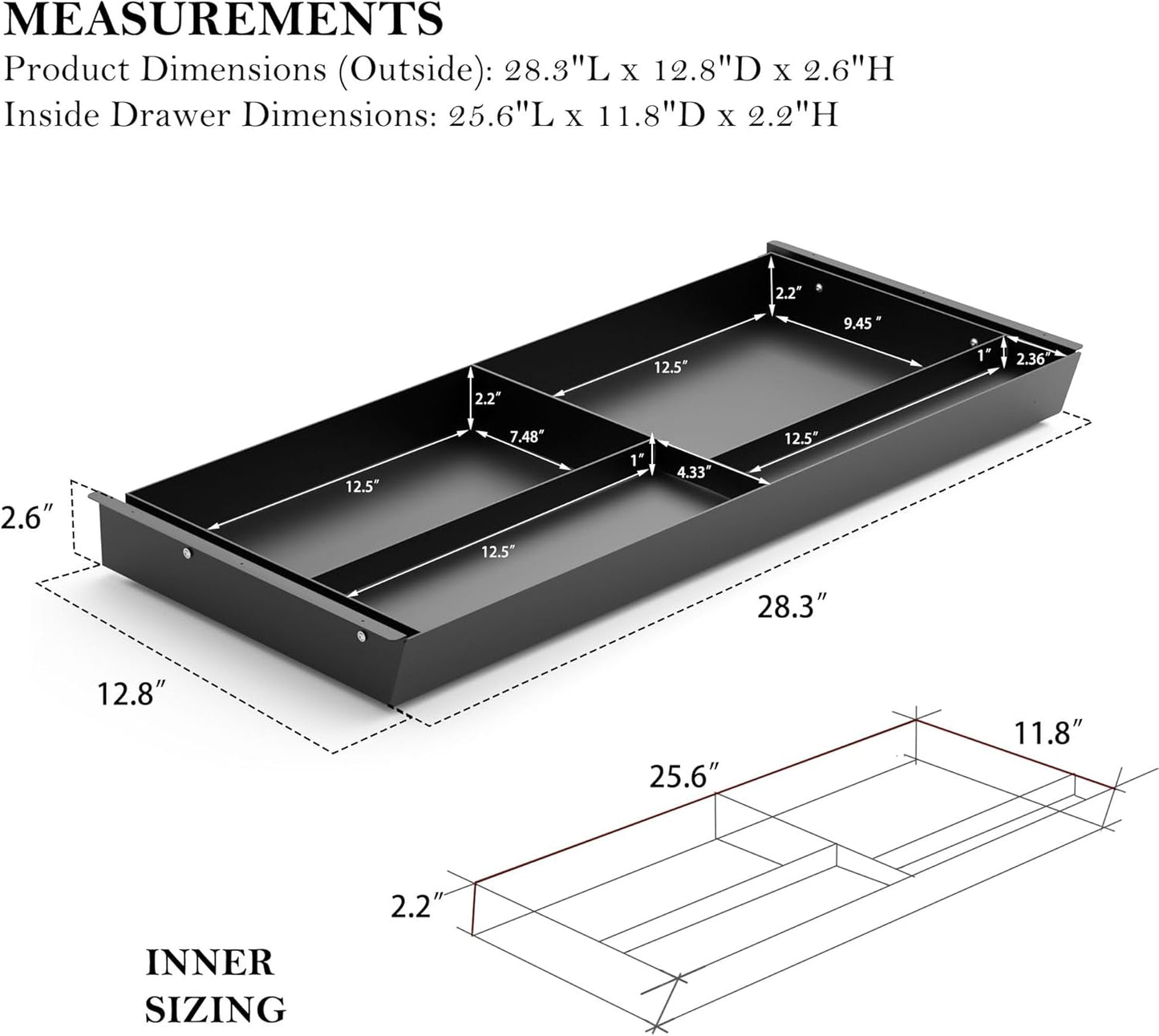 Under Desk Drawer 28.3" Wide, 60° Ergonomic Tilt Organizer with Multi-Compartment – Ball Bearing Slides, Fully Assembled, Under Desk Storage for Home Office Supplies