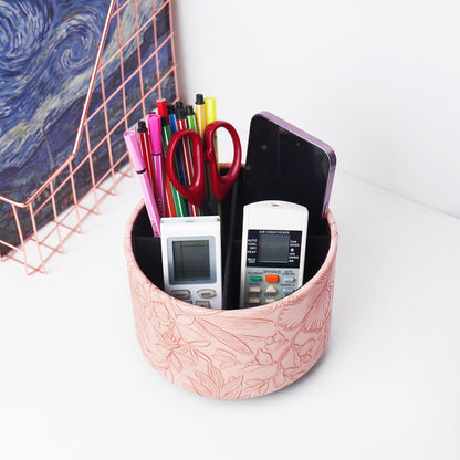 Hennaja Round Leather Art Supply Organizer,Remote Control Holder,360 Degree Rotating,Multi-Functional Pencil Holder,4 Compartments Desktop Stationary Organizer(1-Blue Bird) - Colors C