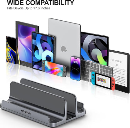 YICOSUN Aluminum Vertical Laptop Stand for Desk - Adjustable Width Dock for MacBook, Surface, Samsung, HP, Dell up to 17.3 inches - Space-Saving & Protective Design - Gray