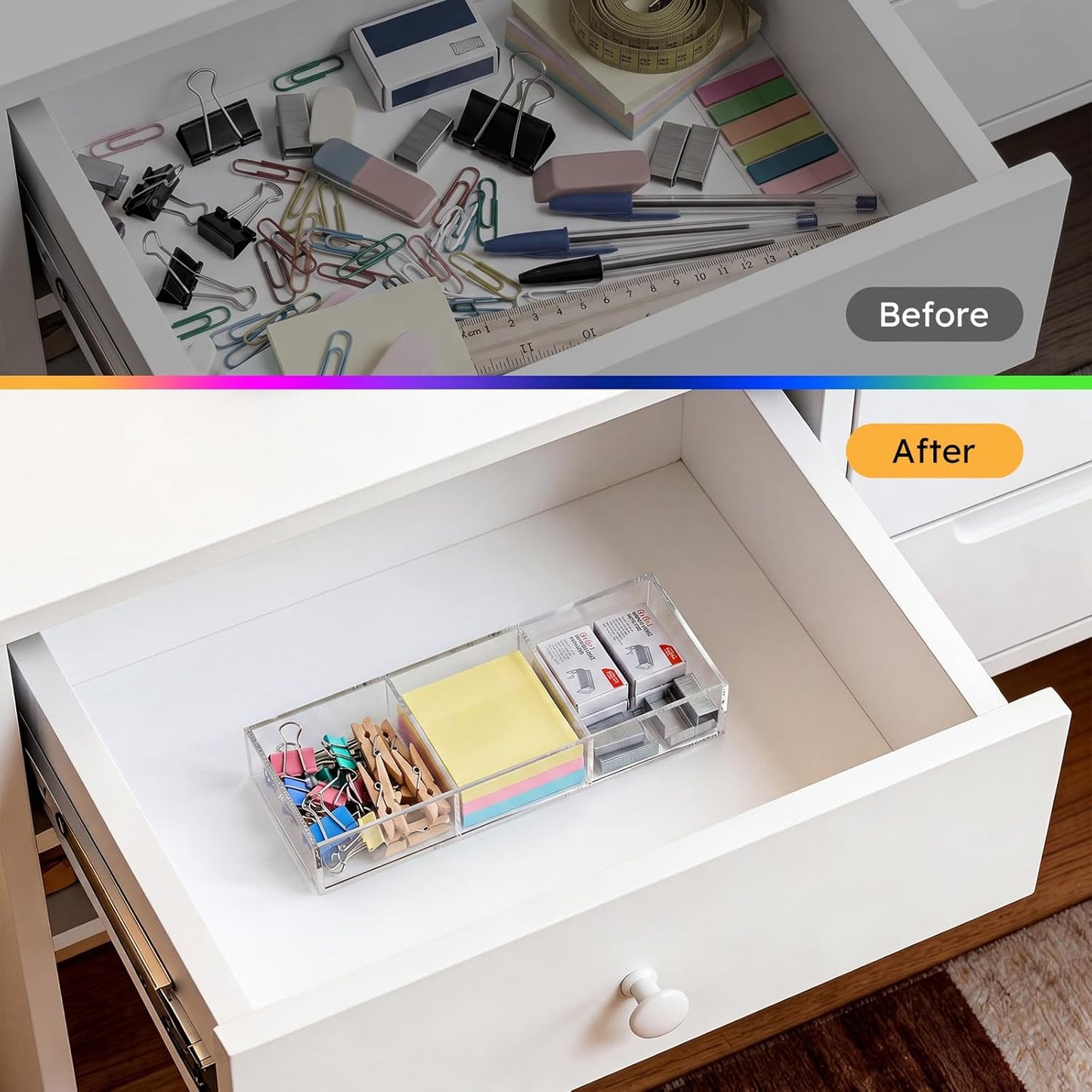 HIIMIEI Acrylic Drawer Organizer, 6 Section Clear Makeup Tray Organizer for Drawer Office Bedroom(11.8x11.8 inch)