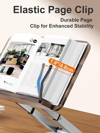 Tounee Book Stand, Telescopic Book Holder Stand, Adjustable Height Pull Out Design Ergonomic Cookbook Stand with Elastic Page Clips Fits All Books (Gray)