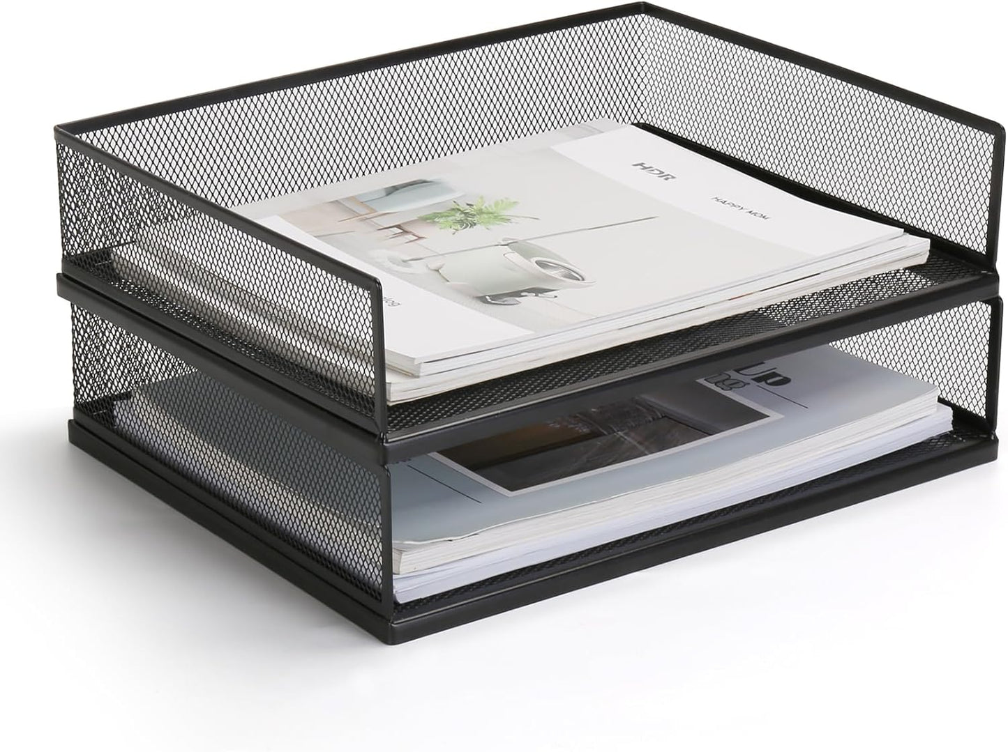 Wire Mesh Letter Trays Paper Tray Desk File Organizer, 2 Pack Stackable Metal Front-Load Documents Tray for Office Supplies File (Lengthways)