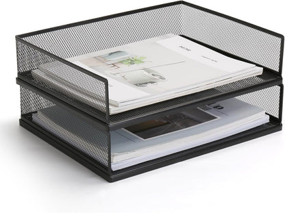 Wire Mesh Letter Trays Paper Tray Desk File Organizer, 2 Pack Stackable Metal Front-Load Documents Tray for Office Supplies File (Lengthways)