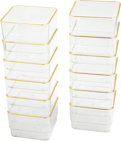 Martha Stewart Kerry Plastic Stackable Office Desk Drawer Organizers, 6" x 3", 6 Pack, with Gold Trim