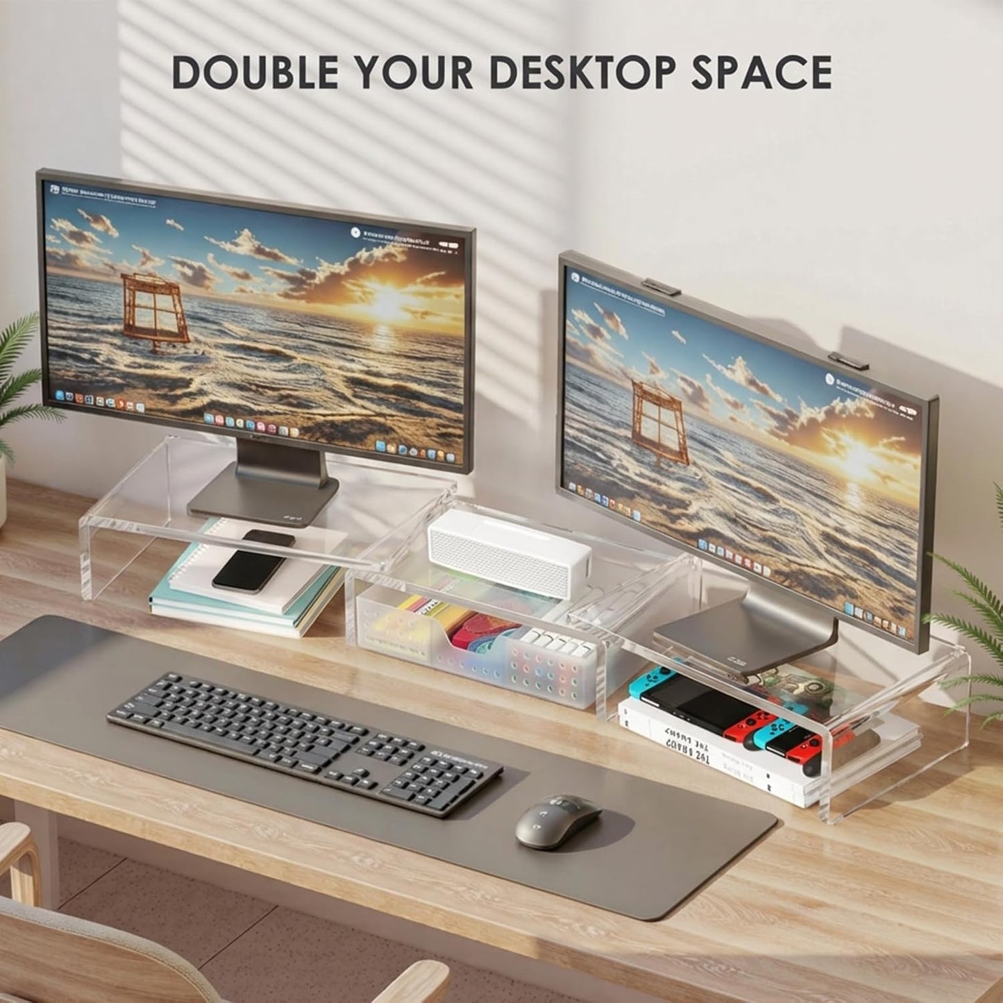 OPNICE Clear Acrylic Desk Organizers and Accessories, Dual Monitor Stand Riser with Drawer, Desk Shelf Computer Racks for Office Workspace Organizers, Desktop Organization (Transparent)