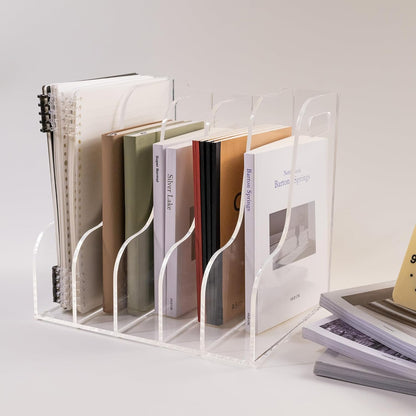 Clear Acrylic Organizers - 5 Vertical Compartments Acrylic Folder Organizer & File Organizer, Desk Document Storage Bins for Magazines, Binders - Multipurpose Home Office Desk Organizer