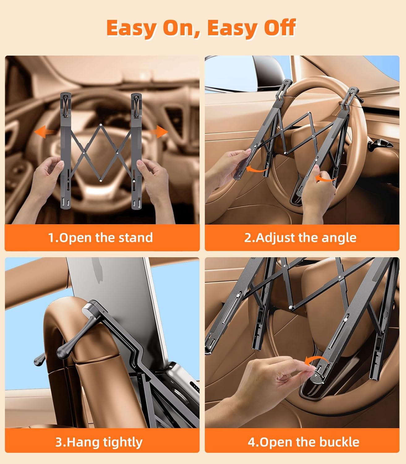Car Laptop Mount Steering Wheel Tray Holder, Height Adjustable Car Desk for Laptop Computer Tablet, Foldable Portable Lap Laptop Stand for Car Vehicle Workstation Accessories Truck SUV Tesla