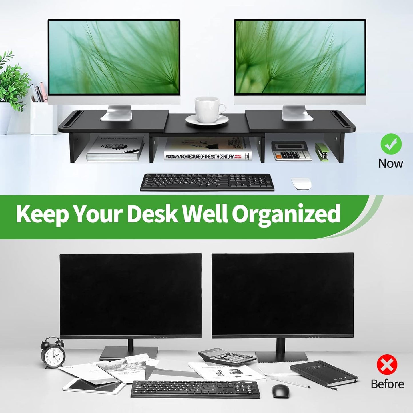 Zimilar Dual Monitor Stand Riser, Monitor Stand with Adjustable Length and Angle, Wood Monitor stand for desk, Monitor Riser for 2 monitors with Storage Space(Rust Brown Large)