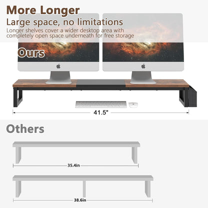 LAND·VOI Heavy Duty Dual Monitor Stand, Holds 2 Screens Up to 27 Inches, Adjustable Length and Angle Monitor Riser, Desk Organizer with Side Pockets and Drawers, Home Office Desk Storage, Rustic Brown