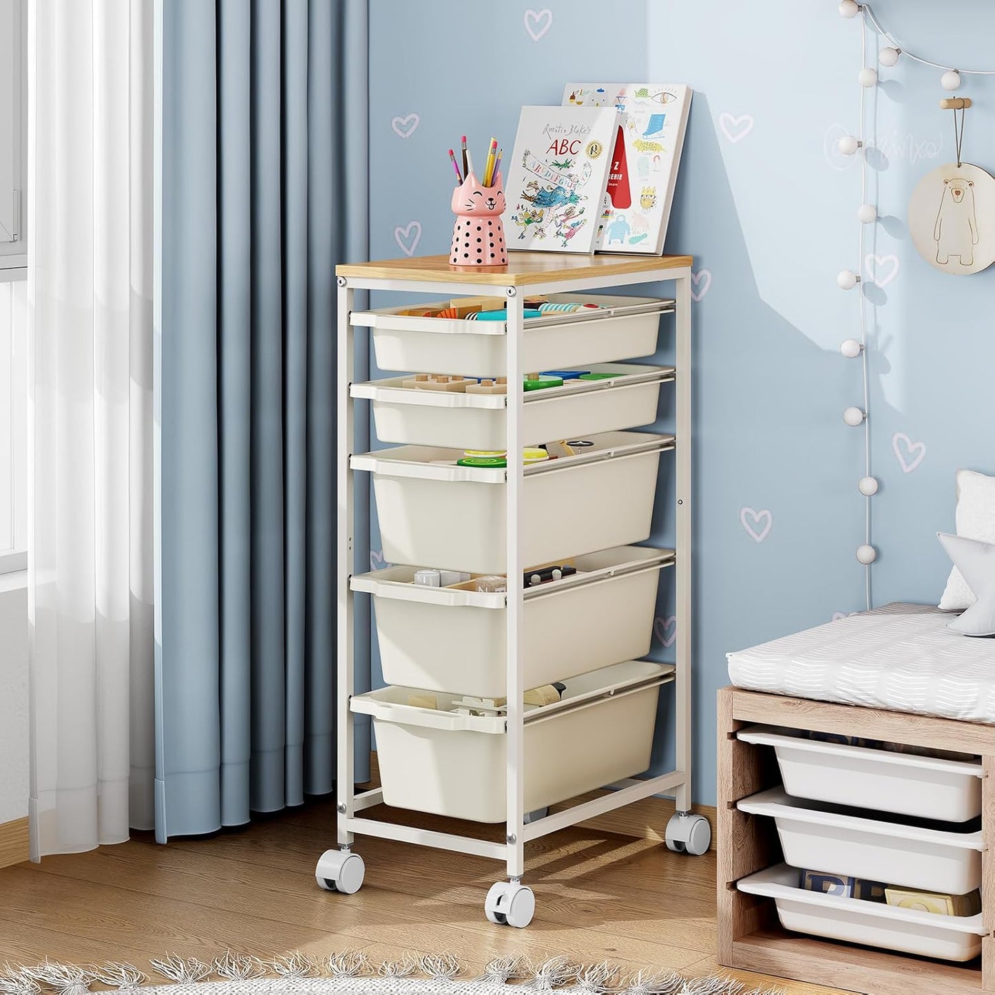 Rolling Storage Cart with 3 Drawers, Craft Organizer, Wooden Tabletop Utility Cart for Bedroom, Children's Room and Office Organization, Under Desk Trolley with Lockable Wheels,White