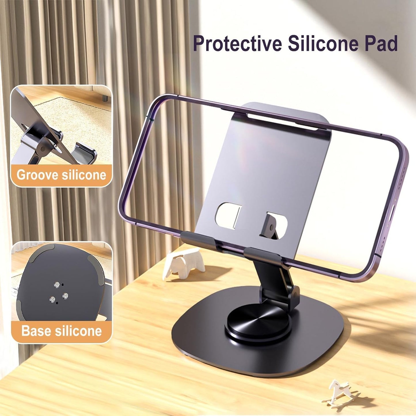 ONCHEER 360°Rotating Phone Holder for Desk, Fully Foldable Cell Phone Stand for Office & Home, Angle & Height Adjustable Tablet Stand for All Smartphones, iPhone, Switch,Tablet 4.6-12.9'', Black