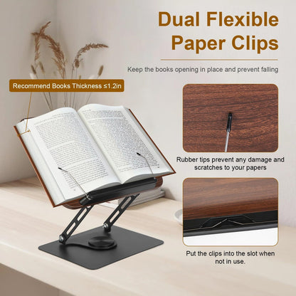 Book Stand for Reading, Adjustable Book Holder with 360° Rotating Bases, Foldable Designs, and Elastic Clips, Multifunctional Display Stand for Recipe, Cookbooks, Magazines, Tablets, Laptops
