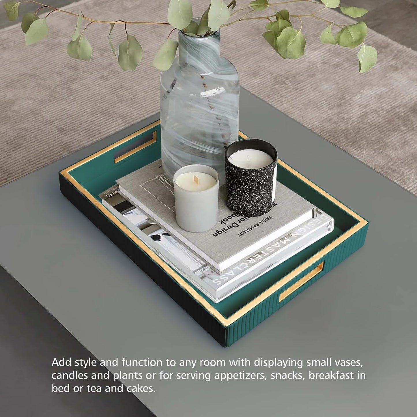 SANZIE Leather Tray Desktop Storage Organizer Premium Serving Tray Decorative Tray Valet Tray for Sundries Cosmetics Phone Wallet Cutlery (Black Holder)
