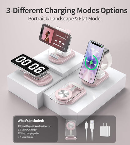 3 in 1 Magnetic Wireless Charging Station for Apple Devices, Fast Foldable Travel Mag-Safe Charger Stand with Night Light for iPhone 17 16 15 14 13 12 Series, Apple Watch/AirPods Pro, BU