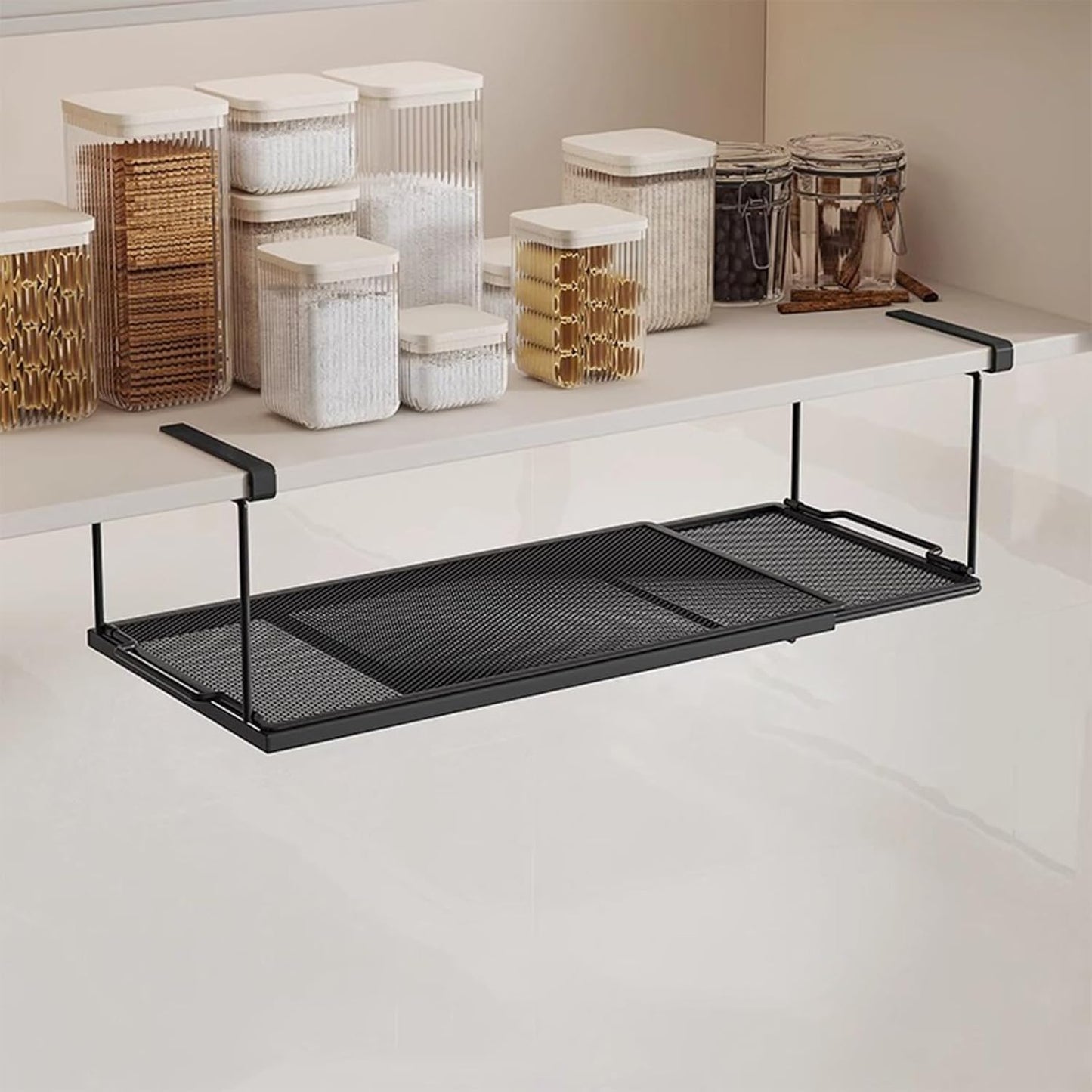 1 Pack Expandable Under Cabinet Shelf, Under Shelf Basket with 0.94 Inches Thick Clips for Kitchen Cupboard, Metal Hanging Under Desk Basket for Laundry Room, Cabinet, Shoe Rack