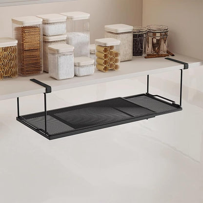 1 Pack Expandable Under Cabinet Shelf, Under Shelf Basket with 0.94 Inches Thick Clips for Kitchen Cupboard, Metal Hanging Under Desk Basket for Laundry Room, Cabinet, Shoe Rack