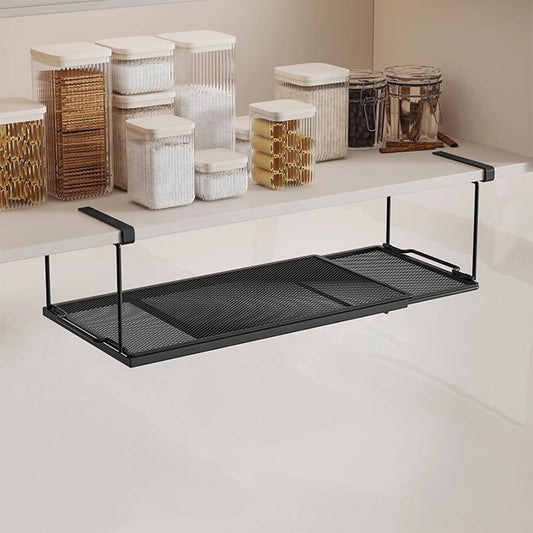 1 Pack Expandable Under Cabinet Shelf, Under Shelf Basket with 0.94 Inches Thick Clips for Kitchen Cupboard, Metal Hanging Under Desk Basket for Laundry Room, Cabinet, Shoe Rack