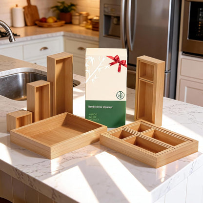 Bamboo Drawer Organizer 5 Pcs for Kitchen Multi-purpose Storage Dividers for Kitchen, Office, Jewelry, Cosmetics, Wooden Drawer Dividers for Drawer Organizer Desk Organizer Gift for Women Gifts Idea
