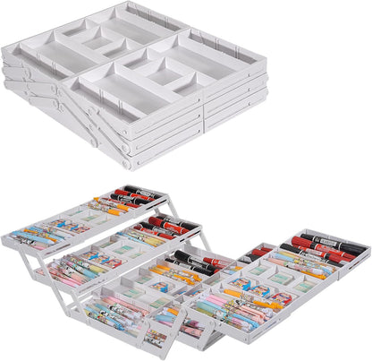 Aobiono Multi Level Smart Drawer Organizer, Multi Tier Expandable Storage Collapsible Foldable Trays for Jewelry, Cosmetics, Makeup, Tools, Battery (White, Single Row - 2 Levels)