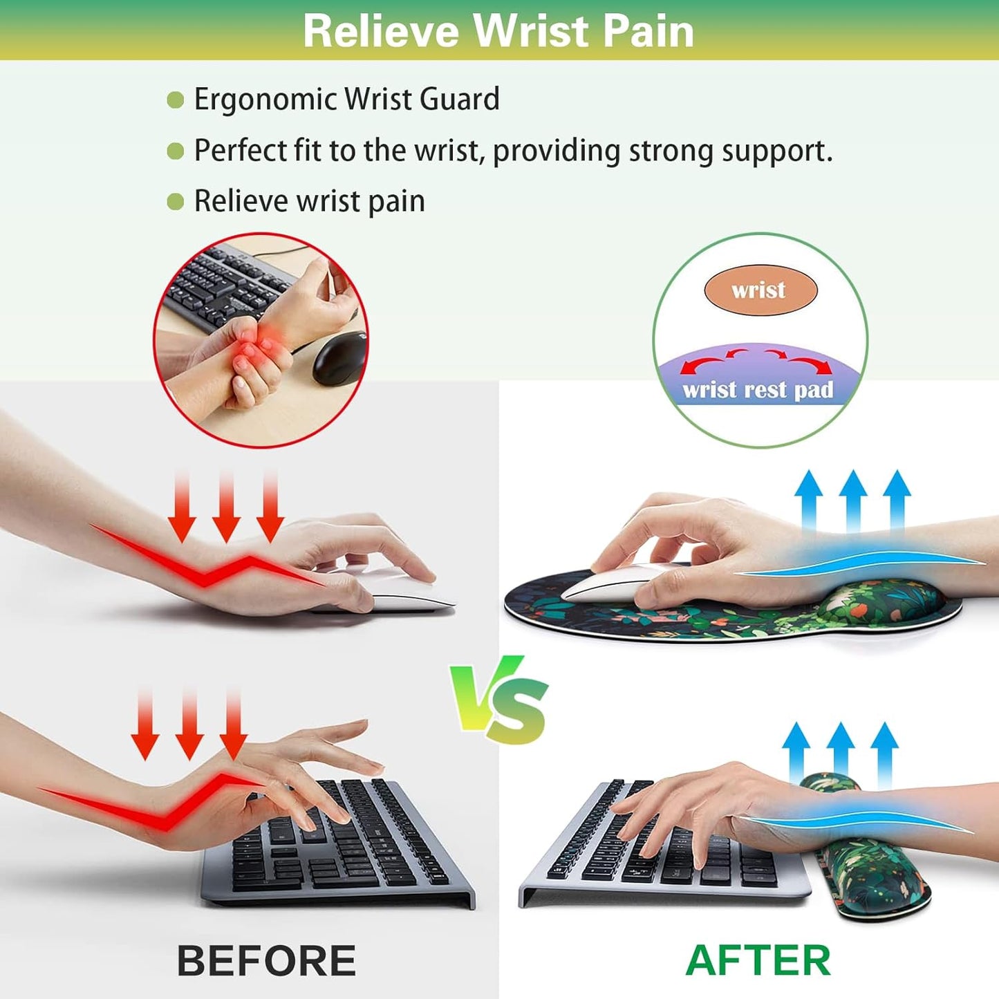 Mouse Pad with Wrist Rest Set, Qomolama 3-in-1 Wrist Support Mouse Pad Set, Floral Gaming Mousepad with Anti-Skid Base,Ergonomic Mouse Pad,Memory Foam Keyboard Gel Wrists Rest