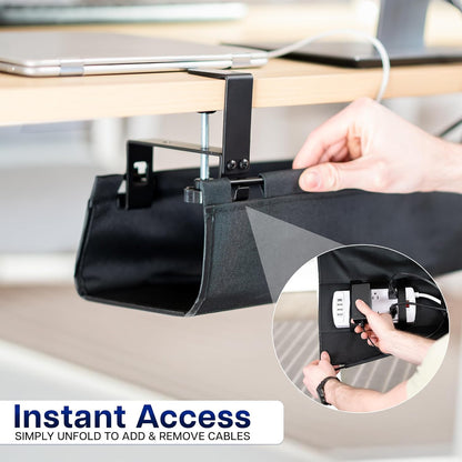 VIVO Clamp-on Under Desk 31 inch Fabric Cable Management Tray, Wire Concealer, Power Strip Storage, Workspace Organization, Easy Fold Down Access, Black, DESK-AC31F-C