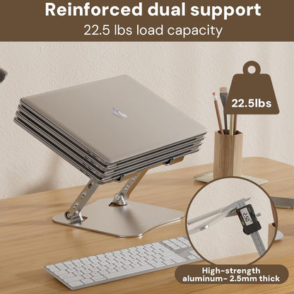 Laptop Stand for Desk, Adjustable Height & Angle Portable Aluminum Laptop Riser & Monitor Stand with 360° Swivel, Foldable Ergonomic Computer Stand for 10-17 Inch Laptops (MacBook/Dell/HP), Silver.
