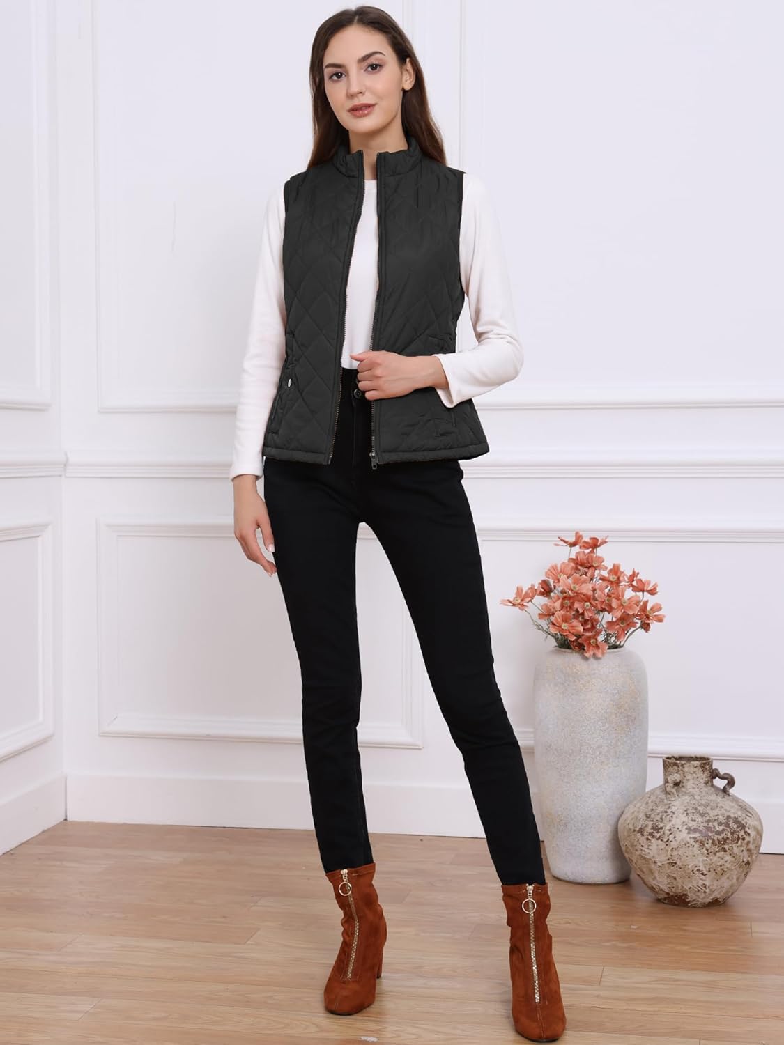 Allegra K Women's Puffer Vest Stand Collar Lightweight Gilet Quilted Zip Vest