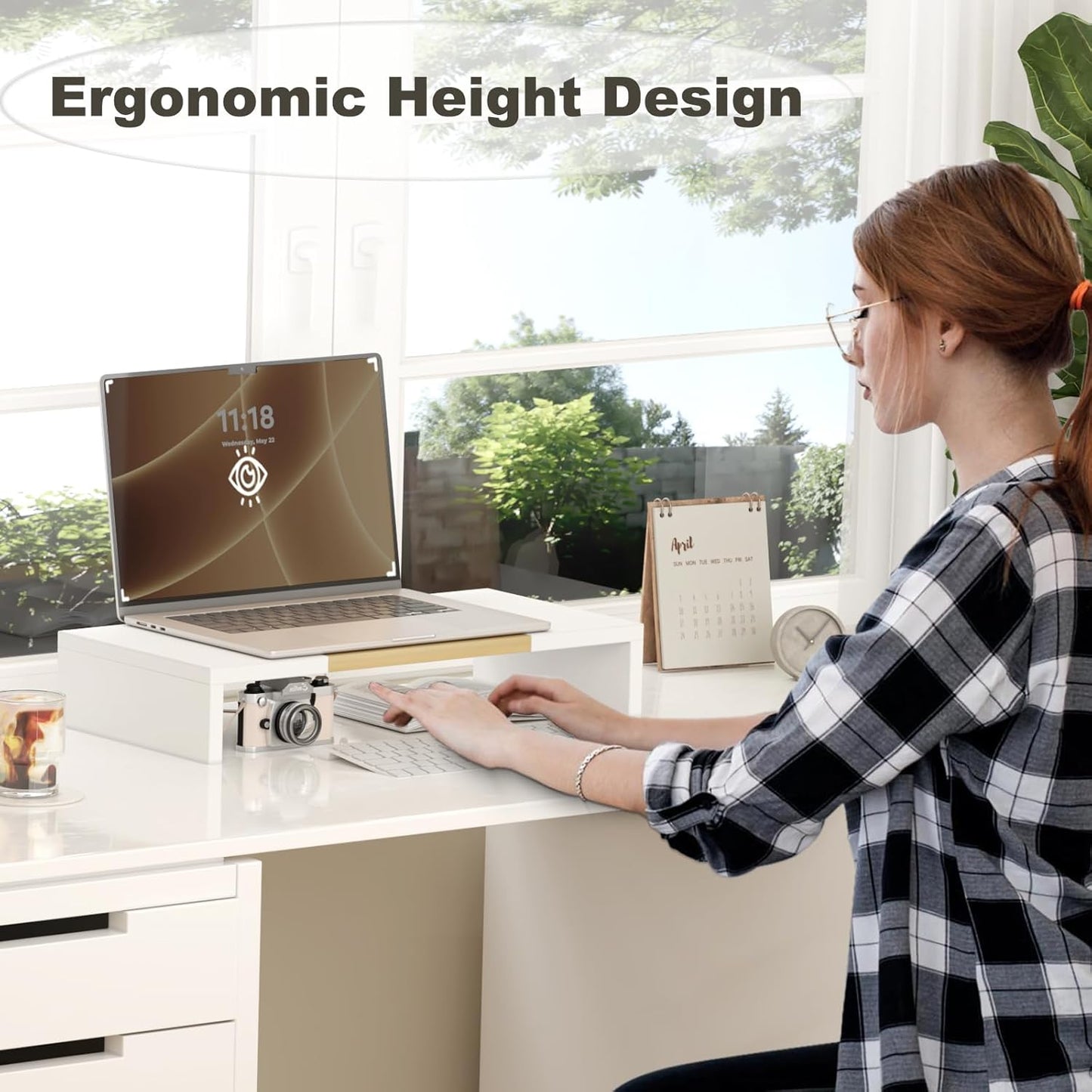 TEAMIX 20 inch White Monitor Stand Riser, Wood Desktop Stand for PC/TV/Laptop/Printer, White Monitor Riser with Storage, Computer Stand with Keyboard Organizer