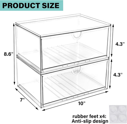 Prsildan Acrylic Makeup Organizer, 2 Pack Stackable Storage Drawers with 6 Drawers for Office Desk Vanity Craft Room Clear Drawer Organizers for Hair Accessories Art Supplies Cosmetics Modular System