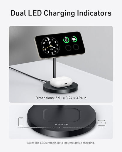 Anker MagSafe Compatible MagGo Charger Stand, iPhone 17 Wireless Charger, 2-in-1 Charging Station, Qi2 Certified 15W Fast Charging, for iPhone 17/16/15/14/13/12, AirPods Pro (Black, No Adapter)
