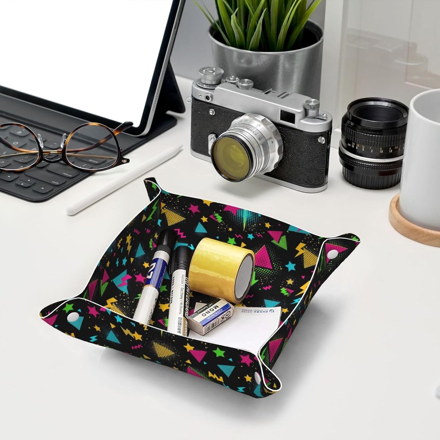 Leather Valet Tray Portable Desk Organizers for Keys Wallet Watch (Pink Rose Cactus Flamingo)