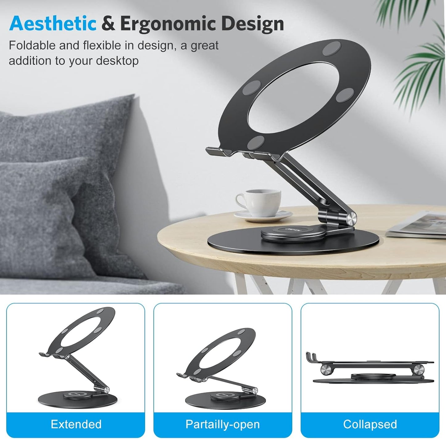 OMOTON Adjustable Laptop Stand with 360 Rotating Base, Ergonomic Laptop Riser for Collaborative Work, Dual Rotary Shaft Fully Foldable for Easy Storage, Fits All Laptops up to 16 inches, Silver