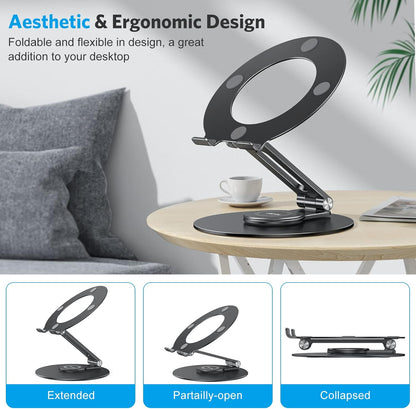 OMOTON Adjustable Laptop Stand with 360 Rotating Base, Ergonomic Laptop Riser for Collaborative Work, Dual Rotary Shaft Fully Foldable for Easy Storage, Fits All Laptops up to 16 inches, Silver