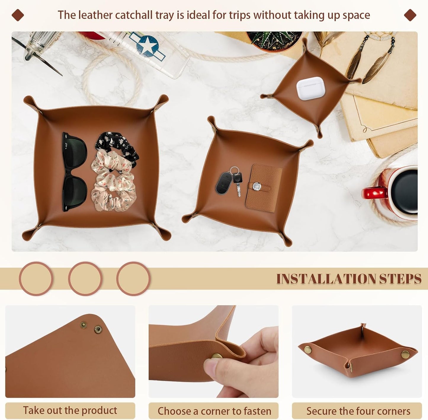 3 Pack Leather Valet Tray, 3 Sizes Catchall Tray Desk Organizer for Key Jewelry Trinket Watch Perfume Coin, for Entryway Table Nightstand Dresser Vanity Travel, Brown