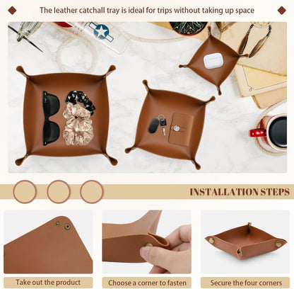 3 Pack Leather Valet Tray, 3 Sizes Catchall Tray Desk Organizer for Key Jewelry Trinket Watch Perfume Coin, for Entryway Table Nightstand Dresser Vanity Travel, Brown